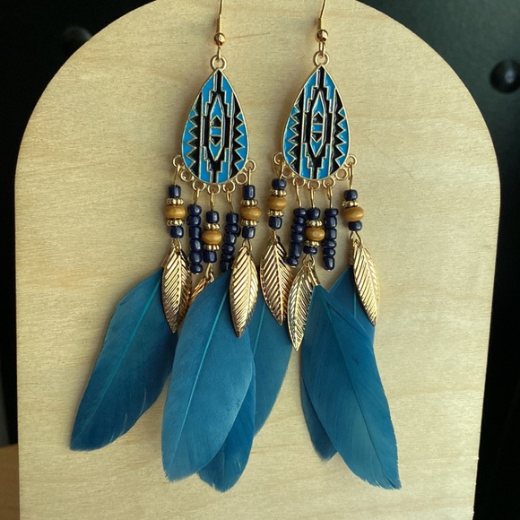 Jewelry - Boho Statement Earrings Feathers Beaded Aretes